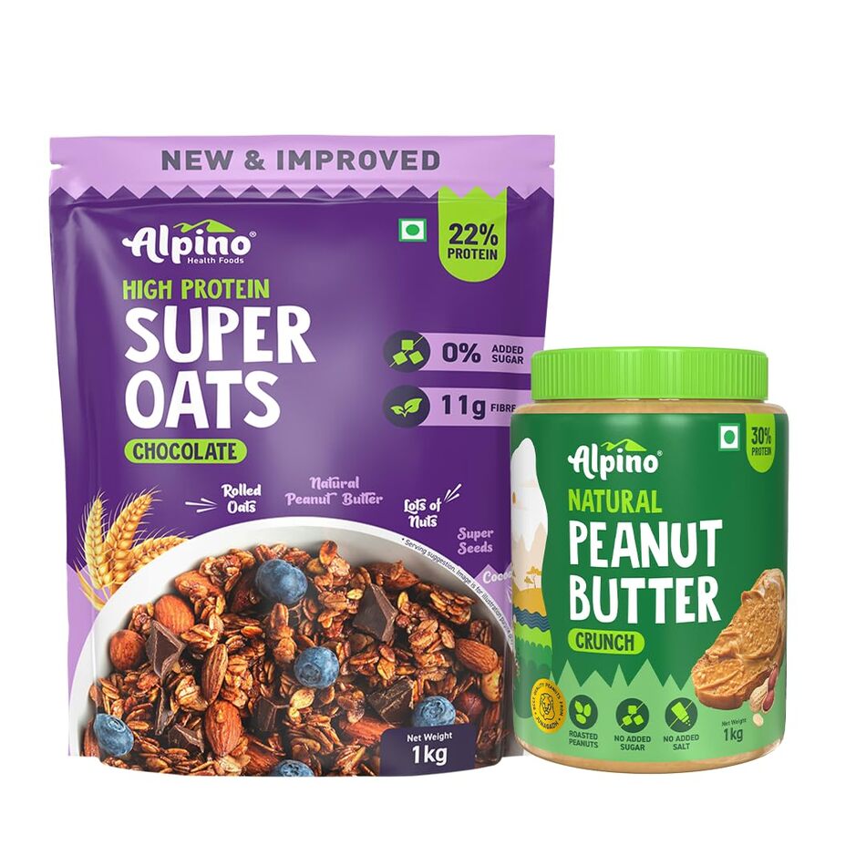 Pre-Workout High Protein & Fiber Diet Super Combo - High Protein Super Oats Chocolate 400 mg, Natural Peanut Butter Crunch 1 Kg