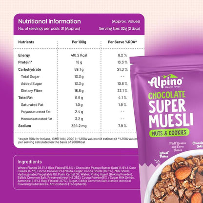 Protein-Rich Super Muesli Chocolate 400g – 61% Whole Grains, 14% Nuts - 17% Protein, Source of Dietary Fibre & Healthy Fats